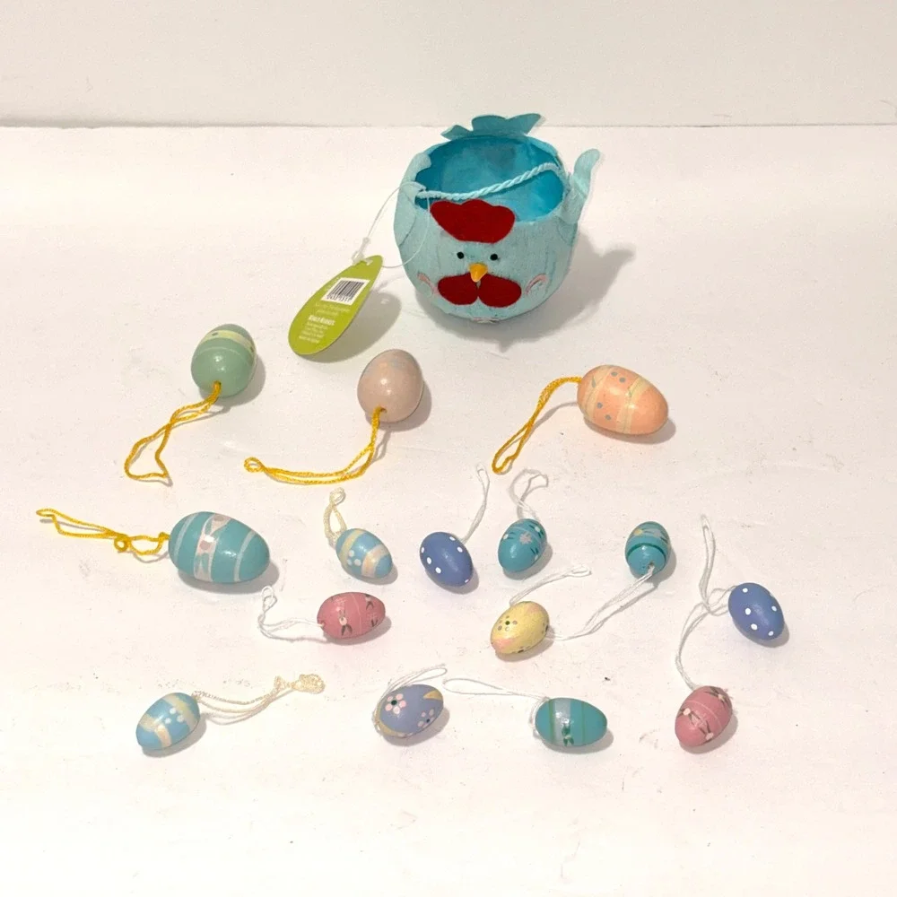 World Market Easter Blue Chicken Crepe Paper Basket & 14 Wooden Egg Ornaments